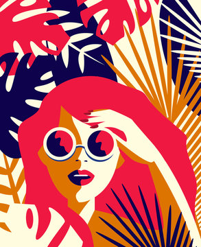 Vector illustration of a girl in sunglasses among tropical plants. Summer concept in vintage style