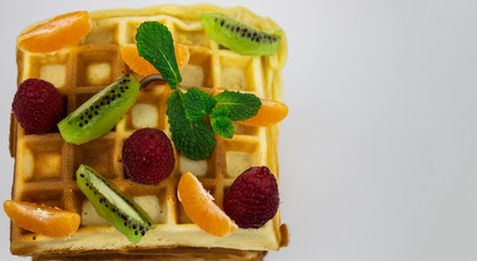 Waffle Put On background, isolate, delicious waffle. waffles with raspberries and tangerine slices. kiwi and mint copy space
