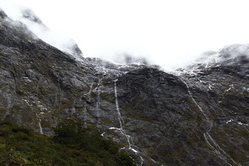 Unlimited rain waterfalls in Fjordland, Milford Road, Milford Sound, New Zealand, South Island