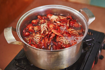 Crawfish cooking boiling in pot with spices