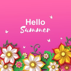 Floral greeting card with. Happy Women's Day. Paper cut flower holiday border on pink background for spring or summer sale flyer. Vector illustration. Origami trendy design template on Mother's Day