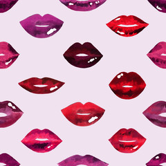 Women's lips pattern. Hand drawn watercolor lips isolated on white background. Fashion and beauty illustration. Sexy kiss. Design for beauty salon, make-up studio, makeup artist, meeting website.