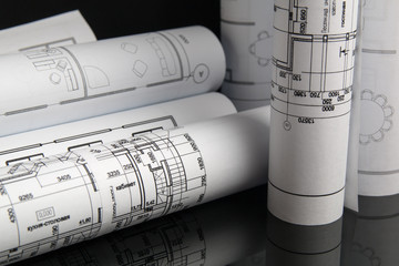 Paper architectural drawings and blueprint. Engineering blueprint