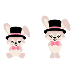 cartoon cute bunny with hat and tie set vector