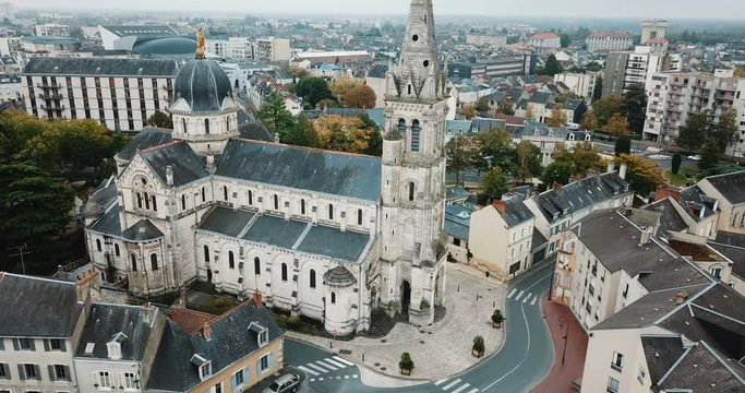 Aerial view of picturesque Chateauroux cityscape with Catholic Church of Our Lady, central France