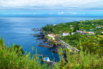 Landscape of southern coast of Sao Miguel island of Azores, Portugal, near the Calouro village.