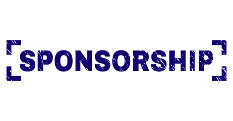 SPONSORSHIP text seal imprint with grunge texture. Text tag is placed between corners. Blue vector rubber print of SPONSORSHIP with unclean texture.