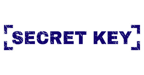 SECRET KEY caption seal print with grunge texture. Text caption is placed between corners. Blue vector rubber print of SECRET KEY with retro texture.