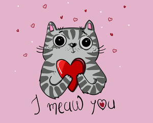 Vector illustration character design cat love with heart for valentine day. Doodle cartoon style.