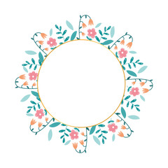 Spring wreath, different flowers and plants. Place for text. Vector illustration. Ready design for poster, flyer, greeting card or banner.