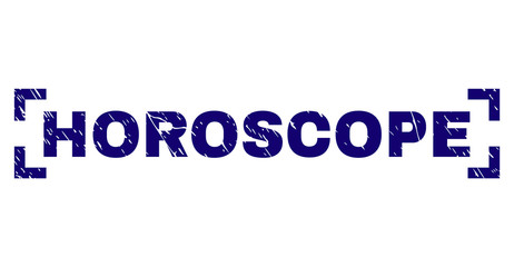 HOROSCOPE text seal imprint with grunge effect. Text caption is placed inside corners. Blue vector rubber print of HOROSCOPE with grunge texture.