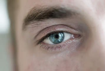 human eye is very close. Macro shot of a male  blue with gray eye. White race