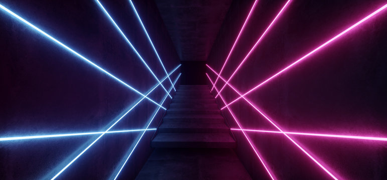 Night Retro Dance Club Neon Lights Empty Space Dark Stairs Sci Fi Modern Futuristic Laser Rays Glowing Purple Pink Blue Background 3D Rendering