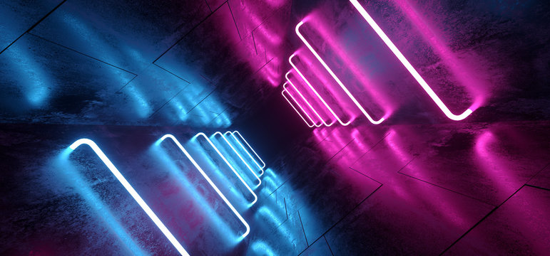 Cyber Sci Fi Futuristic  Modern Retro Neon Glowing Blue Purple Pink Tube Lights In Dark Empty Grunge Reflective Concrete Corridor Background Dance Club 3D Rendering
