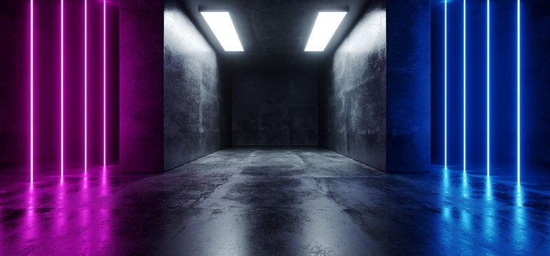 Neon Cyber Sci Fi Futuristic Modern Retro Led Laser Dance Lights Vertical Lines Blue Pink Purple Lights On Reflective Grunge Concrete Dark Empty Room Corridor 3D Rendering