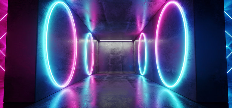 Neon Cyber Sci Fi Futuristic Modern Retro Led Laser Dance Lights Circle Shaped Blue Pink Purple Lights On Reflective Grunge Concrete Dark Empty Room Corridor 3D Rendering