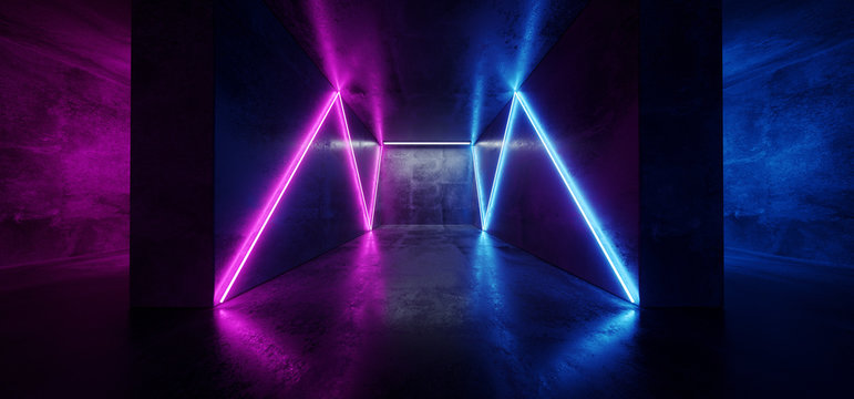 Neon Cyber Sci Fi Futuristic Modern Retro Led Laser Dance Lights Triangle Shaped Blue Pink Purple Lights On Reflective Grunge Concrete Dark Empty Room Corridor 3D Rendering
