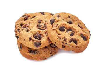 Three cookies with chocolate crumbs isolated on white background