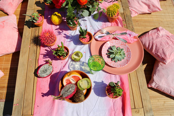 Festive table decor, beautiful event venue, creative beach wedding decor,