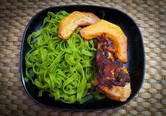 tagliatelle with spinach, chicken and roasted pumpkin