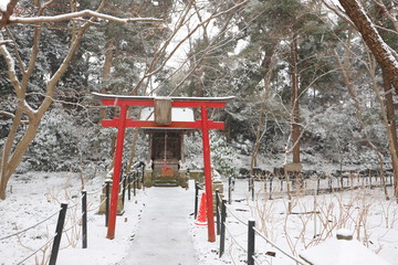 日本のお寺の境内の雪景色　赤い鳥居と白い雪