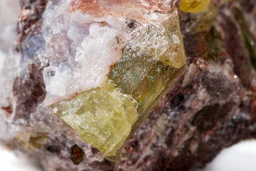 Macro mineral stone.Golden Apatite on a white background