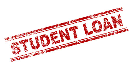 STUDENT LOAN seal imprint with corroded texture. Red vector rubber print of STUDENT LOAN title with unclean texture. Text caption is placed between double parallel lines.