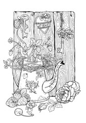 Drawing of flower pot, berries and flowers with rural decor.