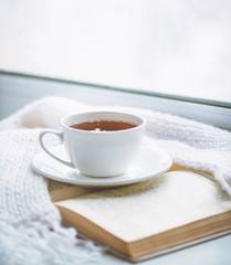 Warm knitted scarf, a cup of hot tea and a book