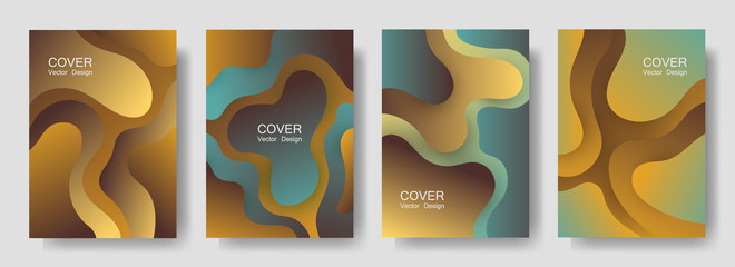 Gradient fluid shapes abstract covers vector set. Vibrant folder backgrounds design. Flux paper cut effect blob elements backdrop, fluid wavy shapes texture print. Cover layouts.