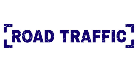 ROAD TRAFFIC text seal print with corroded style. Text title is placed between corners. Blue vector rubber print of ROAD TRAFFIC with dirty texture.