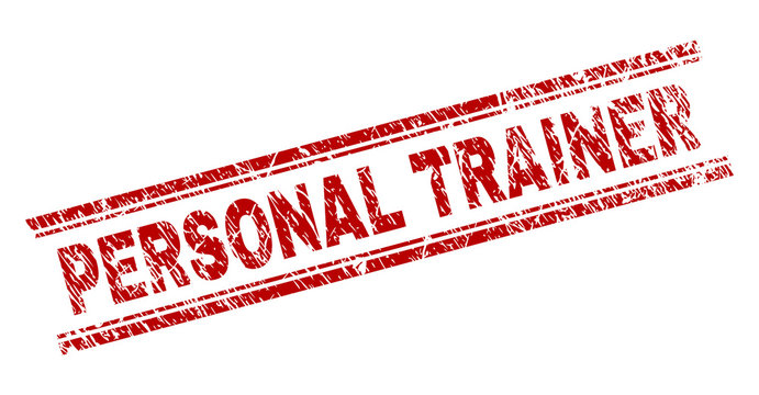 PERSONAL TRAINER seal stamp with grunge texture. Red vector rubber print of PERSONAL TRAINER text with grunge texture. Text tag is placed between double parallel lines.