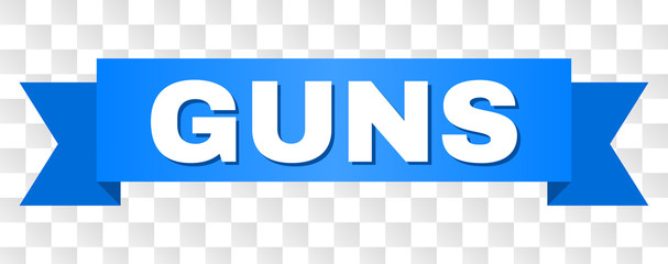 GUNS text on a ribbon. Designed with white title and blue tape. Vector banner with GUNS tag on a transparent background.