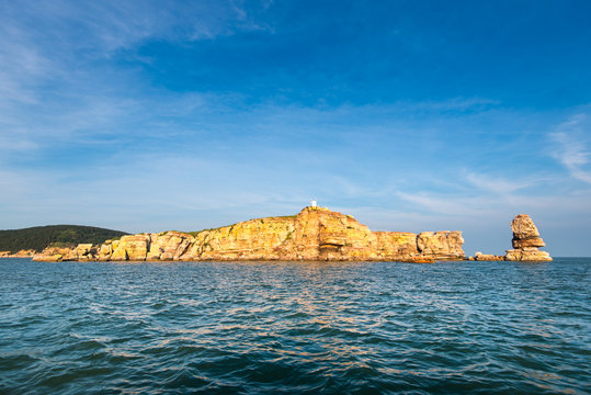 Lijubadao a small island off Xiaoheishandao in the the Changdao Islands, Shandong, China. Showing the sea stack at the northern end of the island.