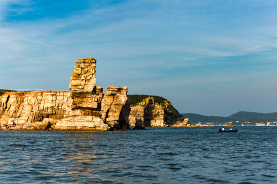 Lijubadao, one of the Changdao Islands, Shandong, China. Seen from the north with the prominent sea stack in the foreground.