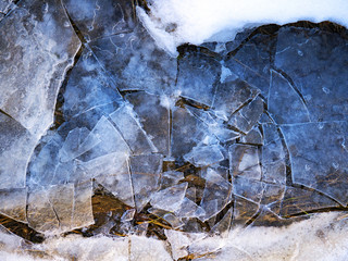 broken ice in a mountain river. Ice is broken like a display
