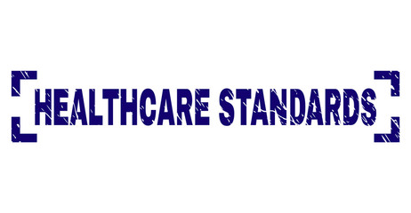 HEALTHCARE STANDARDS label seal print with distress texture. Text label is placed inside corners. Blue vector rubber print of HEALTHCARE STANDARDS with scratched texture.