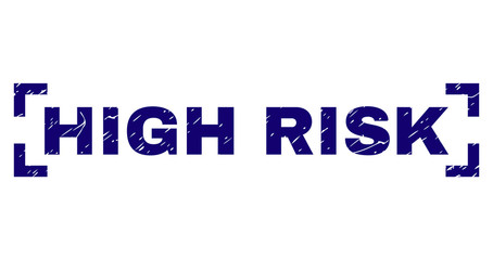 HIGH RISK text seal imprint with distress texture. Text title is placed between corners. Blue vector rubber print of HIGH RISK with grunge texture.