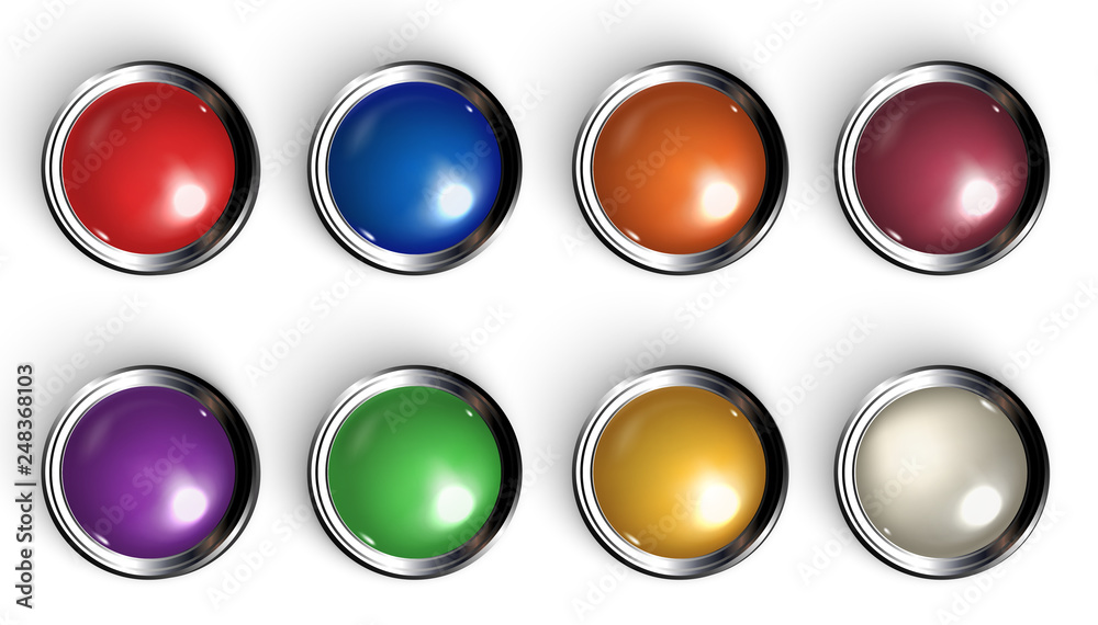 Wall mural set of realistic colored buttons with metallic borders