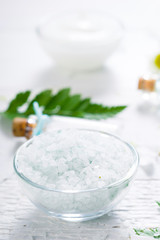spa setting with cosmetic cream, gel, bath salt and fern leaves on white wooden table background