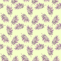Watercolor hand painted exotic summer botany leaves illustration seamless pattern on yellow background