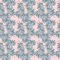 Watercolor hand painted exotic summer botany leaves illustration seamless pattern on pink background