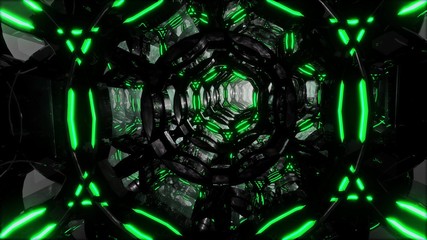 Futuristic digital abstract motion background Flight through an abstract endless tunnel of black-green rings. Looped 3D video in 4K.