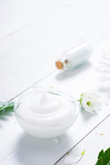 spa setting with cosmetic cream, gel, bath salt and fern leaves on white wooden table background