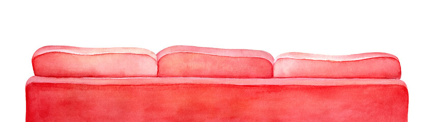 Rear view of large classic comfortable sofa. Symbol of relaxation, rest, entertainment, cinema. Handdrawn water color graphic painting on white background, isolated element with copy space for design.