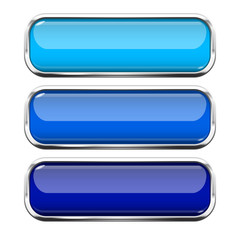Blue glass buttons. Web 3d shiny rectangle icons with chrome frame