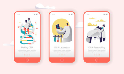 Genome DNA Experimental Lab Character Mobile App Page Onboard Screen Set. Future Healthcare Technology. Binary Pair Medical Science Service Website or Web Page. Flat Cartoon Vector Illustration