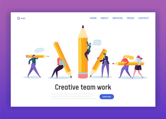 Business Creative Copywriter Teamwork Landing Page. Drawn People Holding Pencil. Blogger Work Goal. Education Job Leader Success Website or Web Page. Flat Cartoon Vector Illustration