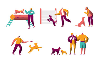 Human Training Dog Outdoor Spend Time Together Set. Man Woman Holding Domestic Animal. Collection Happy People Teach Pet Command. Bundle Trainer Flat Cartoon Character Isolated Illustration.