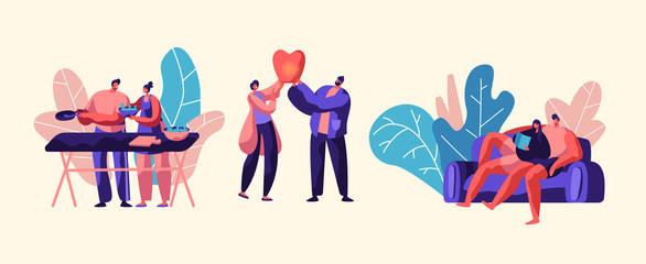 Lovers Couple Relax Outdoor at Weekend. Man and Woman Prepare Fresh Salad for Picnic. Boy and Girl Launch Sky Lantern in Park. People Lying on Sofa Flat Cartoon Vector Illustration